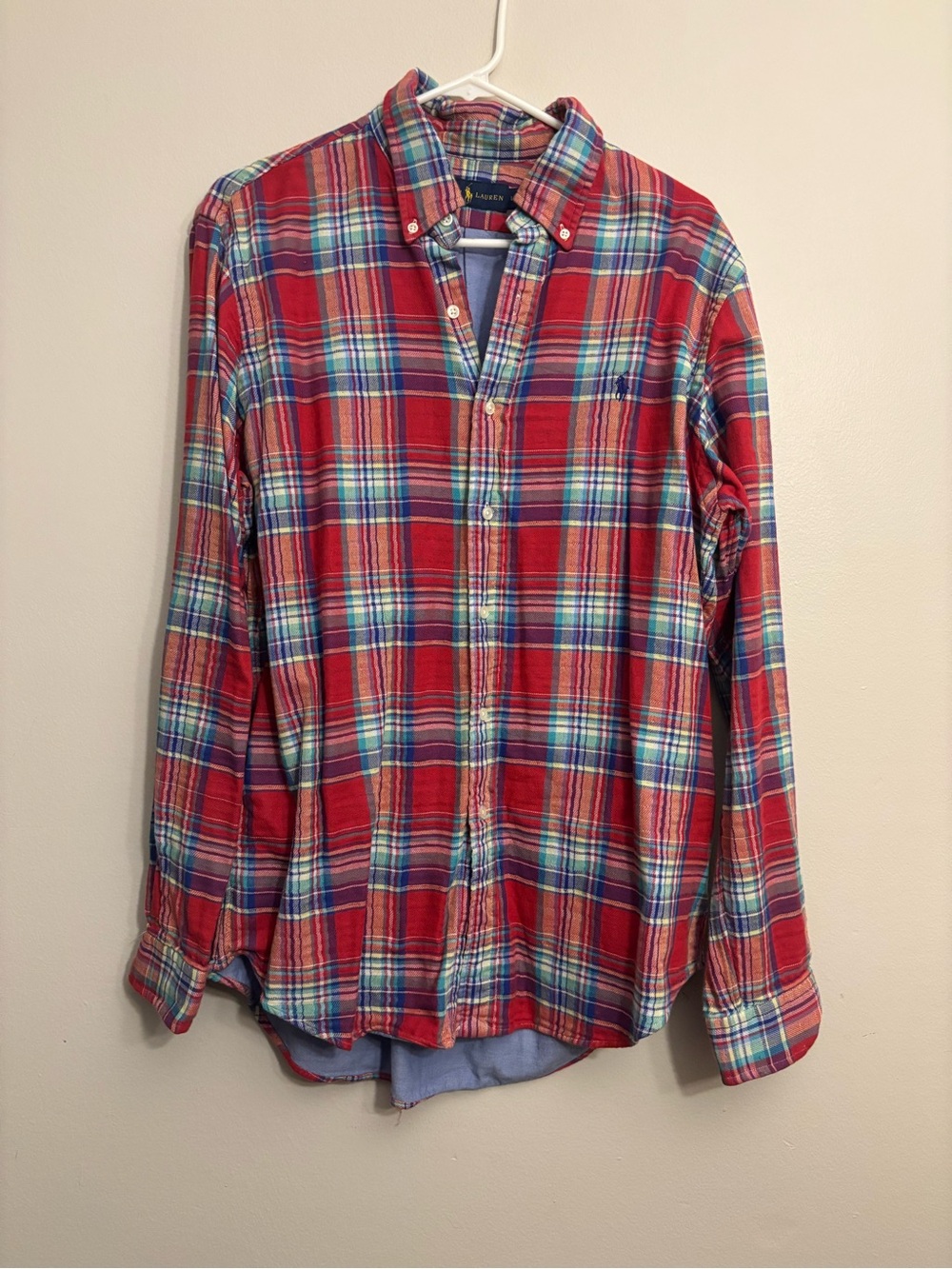 Ralph Lauren Red Plaid Button-Down Shirt with Blue and Green Accents